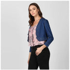 Seduva Women's Denim Ruffled Long Sleeves Shrug (Navy Blue)