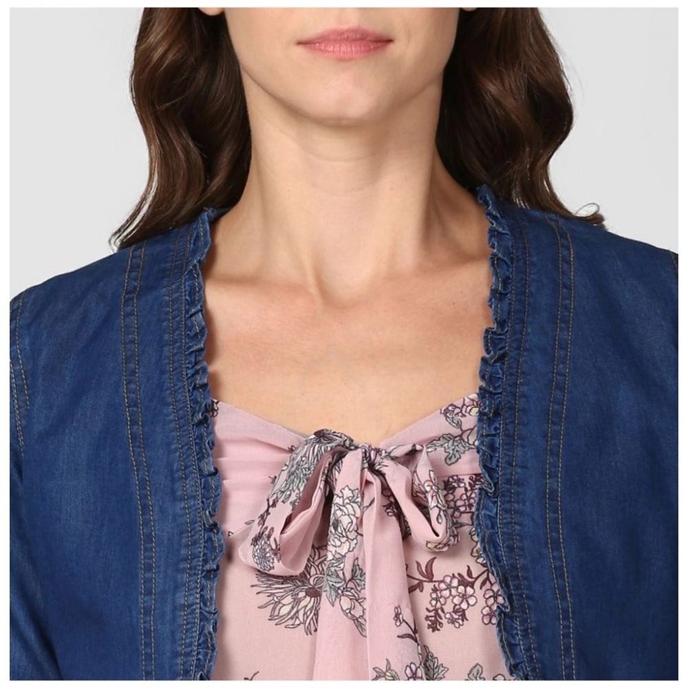 Seduva Women's Denim Ruffled Long Sleeves Shrug (Navy Blue)