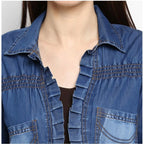 Seduva Women's Denim Pleated 3-4th Sleeves Shrug (Blue)