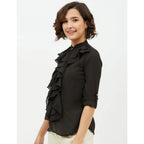 Seduva Women's Polyester Ruffled Long Sleeves Standard Length Shirt (Black)