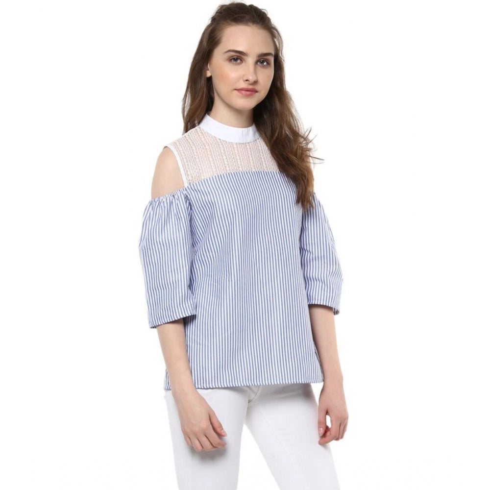 Seduva Women's Cotton Striped Cold Shoulder Top (Blue)