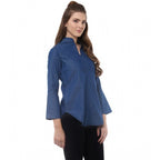 Seduva Women's Denim Solid Bell Sleeve Regular Top (Blue Denim)