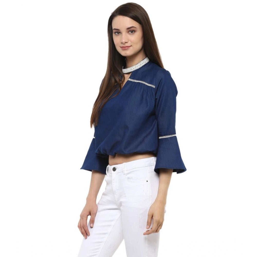 Seduva Women's Polyester Solid Bell Sleeve Regular Top (Blue)