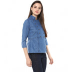 Seduva Women's Denim Solid 3-4th Sleeves Regular Top (Blue)