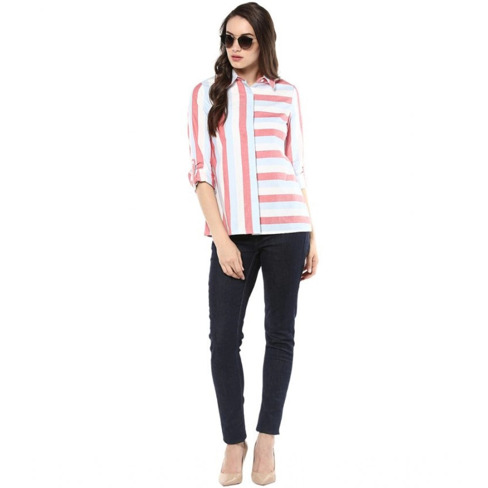 Seduva Women's Cotton Striped Roll Up Sleeve Regular Top (Red)