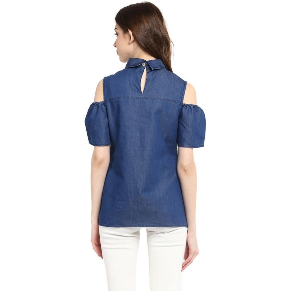 Seduva Women's Denim Solid Cold Shoulder Regular Top (Blue)
