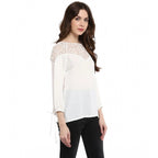 Seduva Women's Polyester Georgette Self Design 3-4th Sleeves Regular Top (White)
