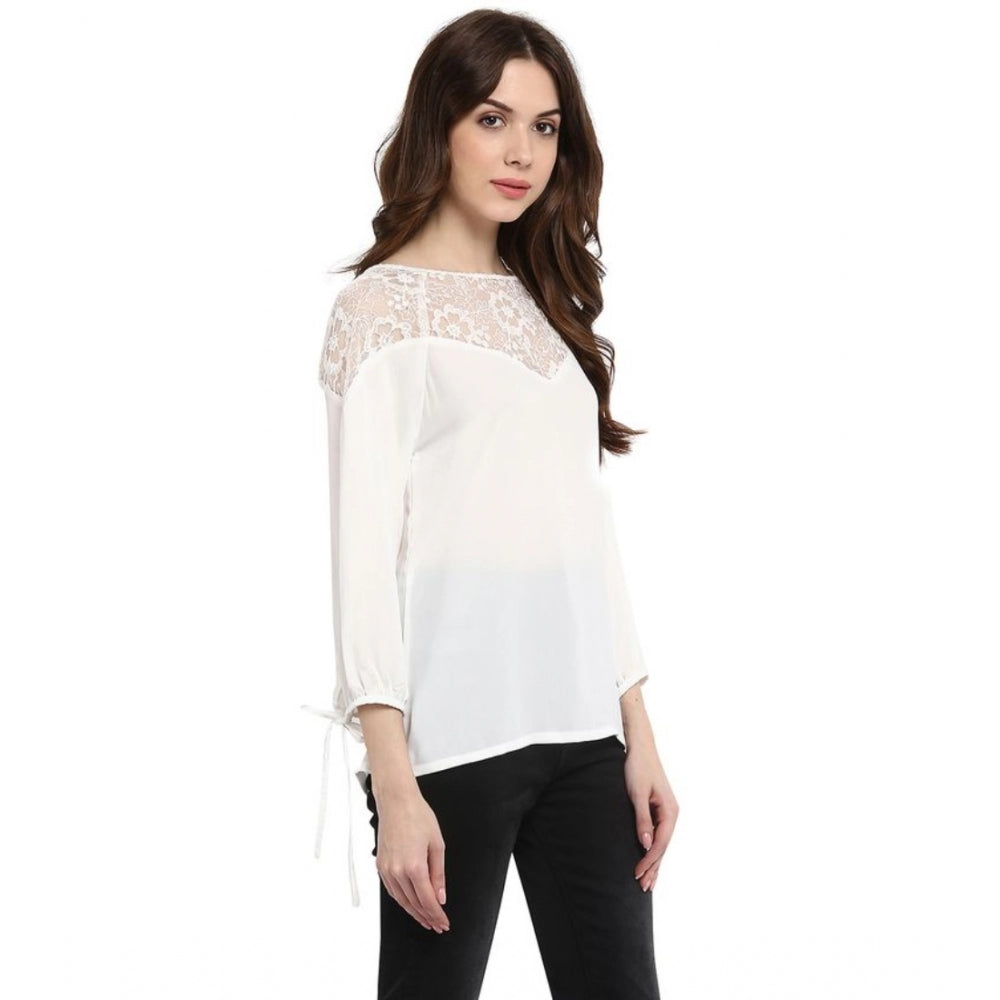 Seduva Women's Polyester Georgette Self Design 3-4th Sleeves Regular Top (White)