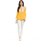 Seduva Women's Rayon Embellished Cold Shoulder Regular Top (Mustard Yellow)
