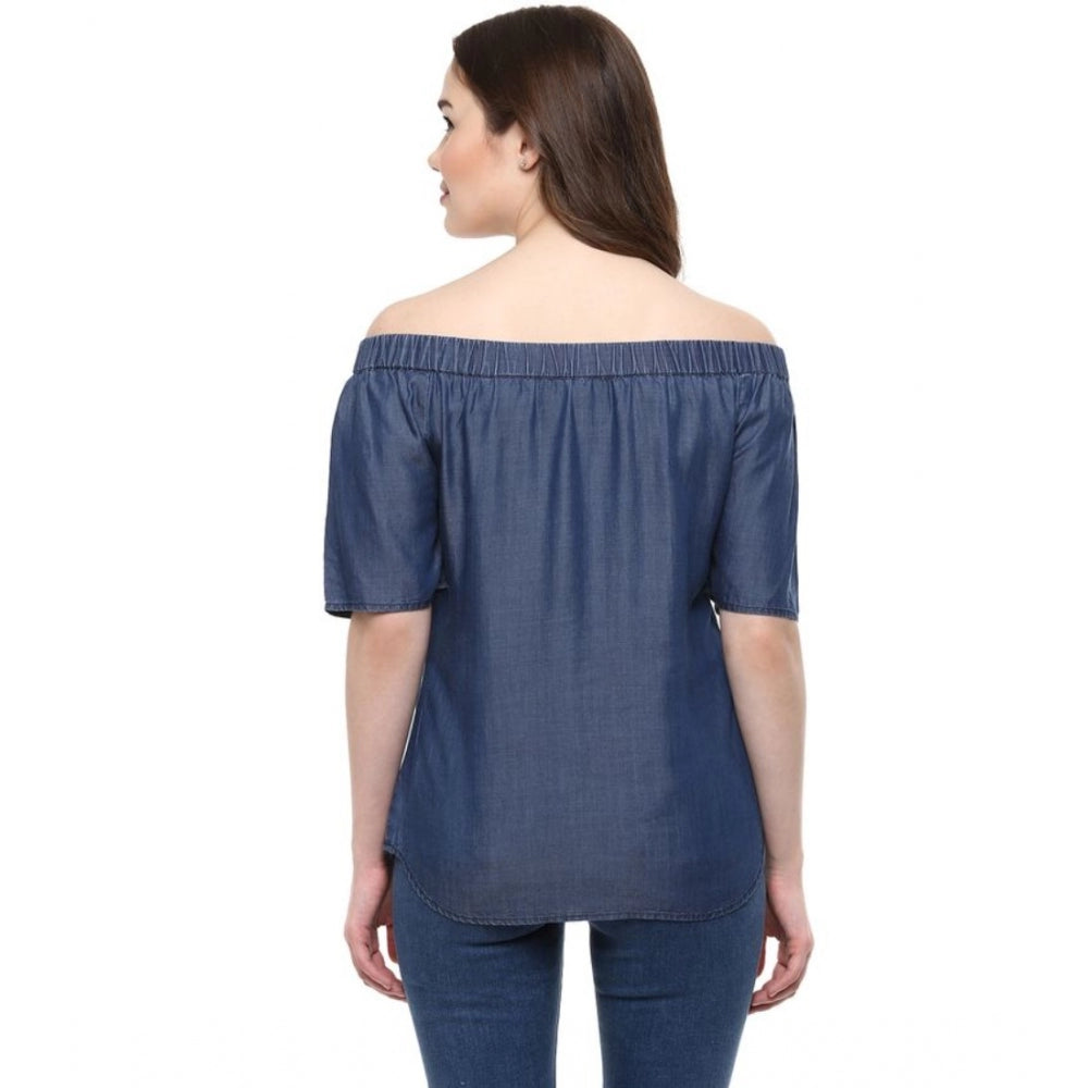 Seduva Women's Denim Solid Short Sleeve Regular Top (Blue)