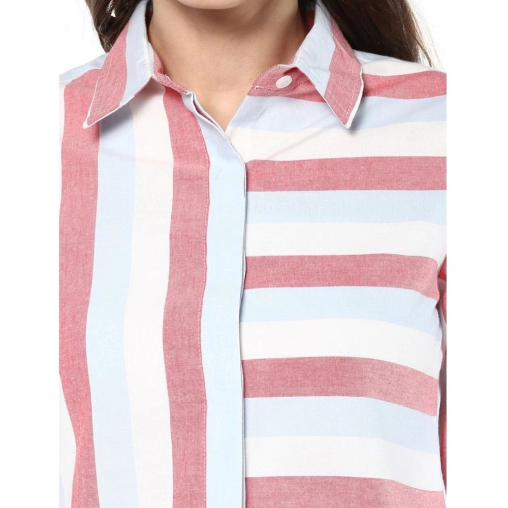Seduva Women's Cotton Striped Roll Up Sleeve Regular Top (Red)