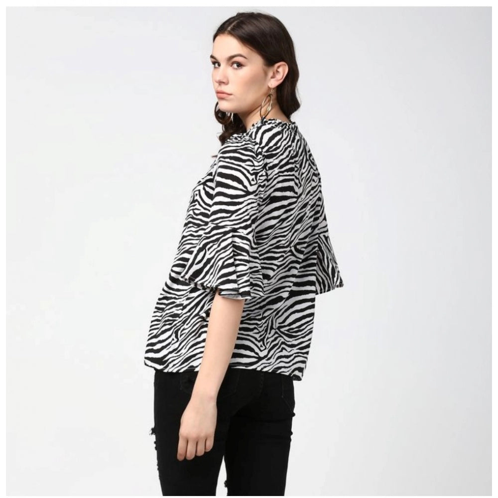 Seduva Women's Polyester Animal Print Bell Sleeve Top (Black - White)
