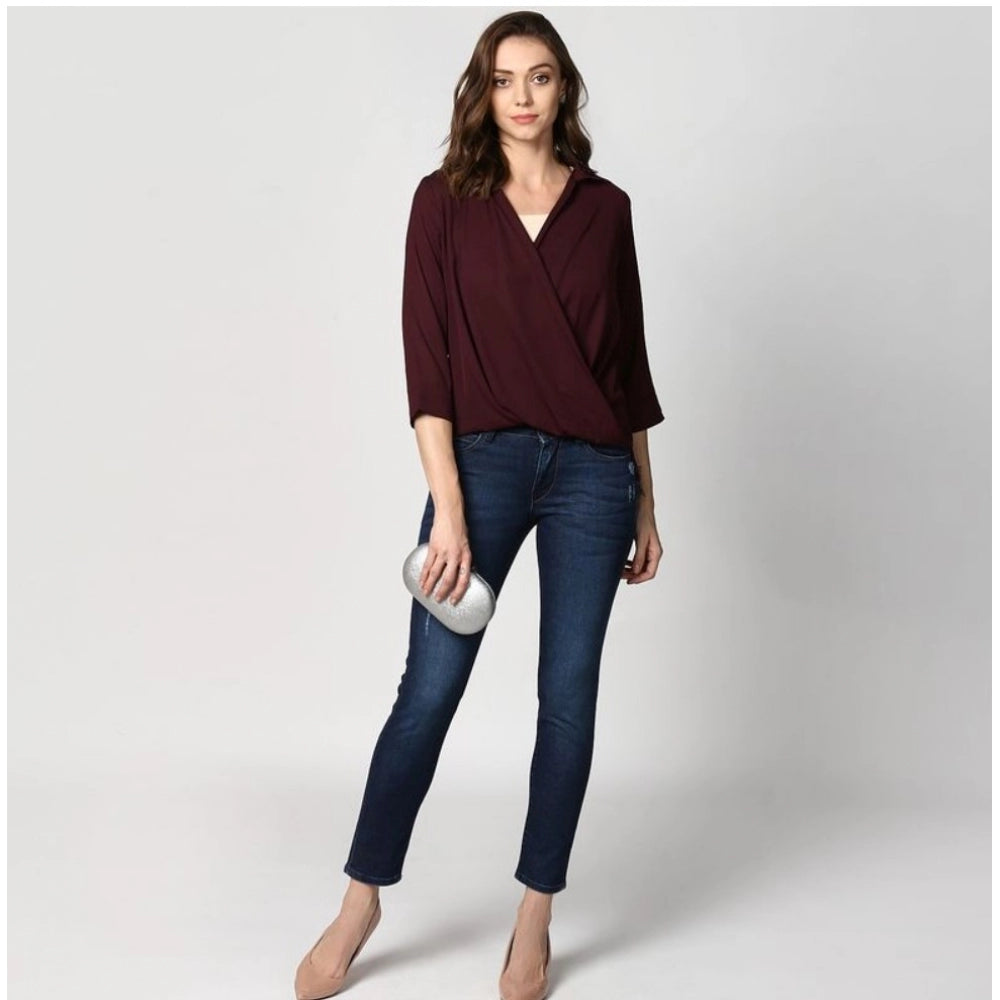 Seduva Women's Polyester Solid 3-4th Sleeves Top (Maroon)