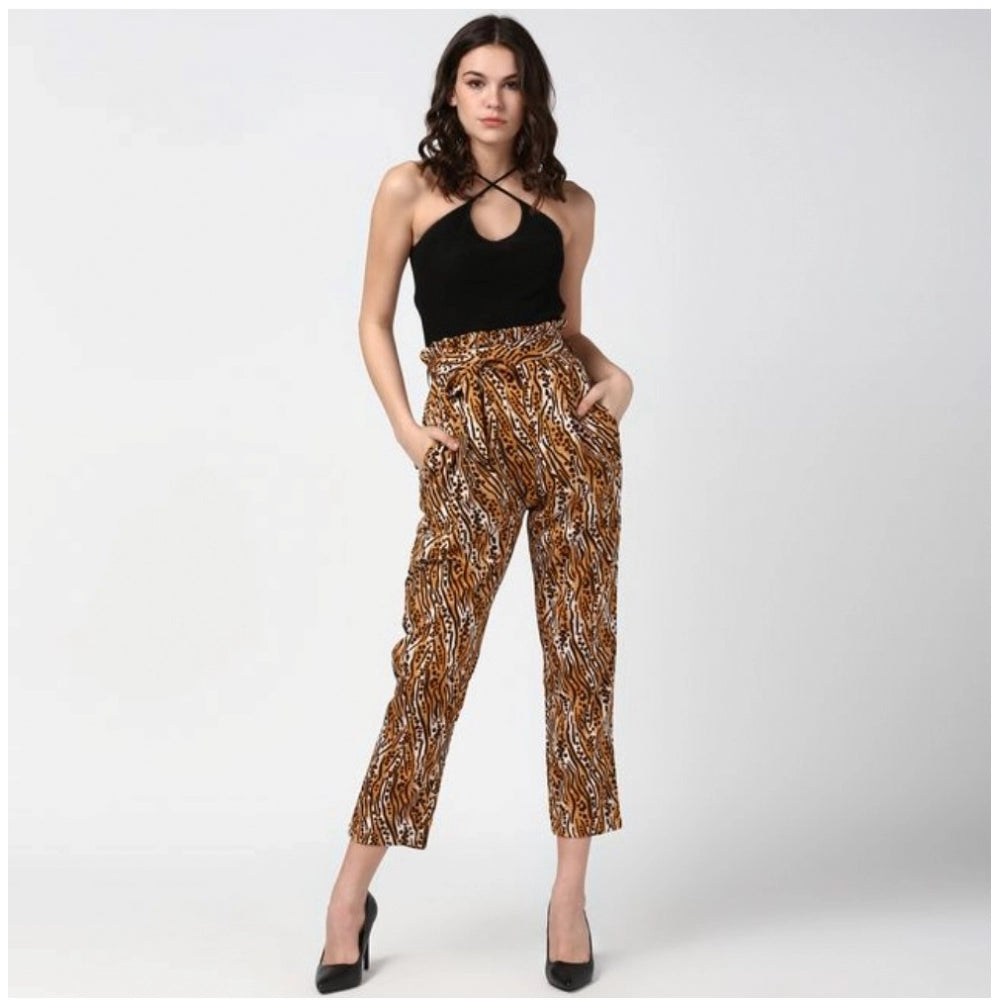 Seduva Women's Polyester Animal Print Elasticated Trousers (Orange - Black)