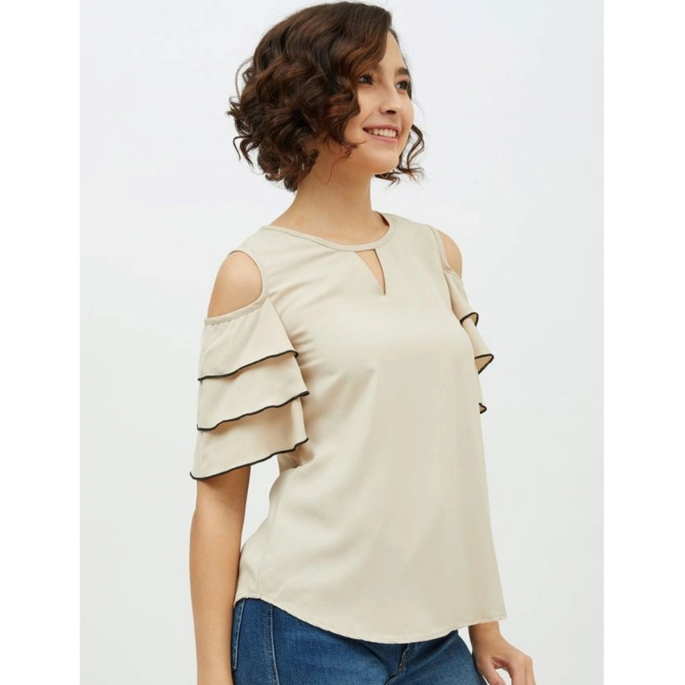 Seduva Women's Polyester Tiered Cold Shoulder Top (Beige)