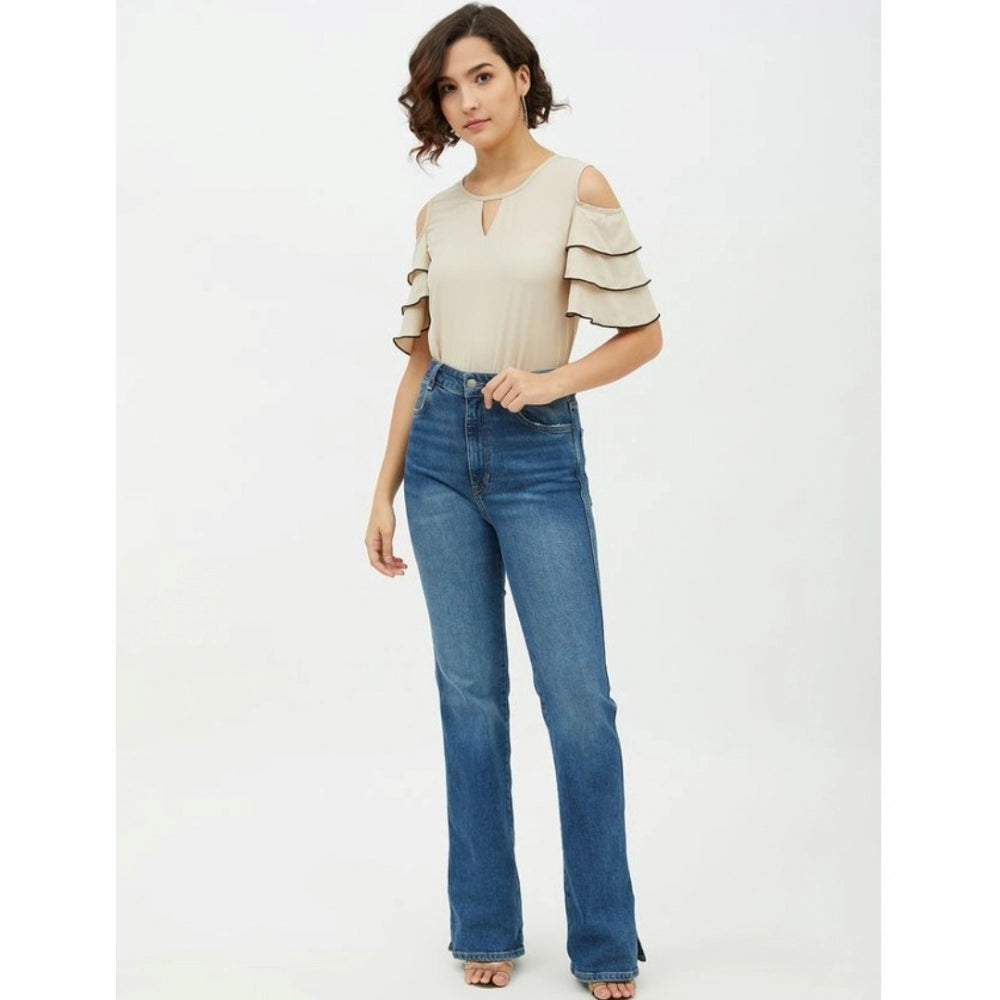 Seduva Women's Polyester Tiered Cold Shoulder Top (Beige)