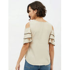 Seduva Women's Polyester Tiered Cold Shoulder Top (Beige)