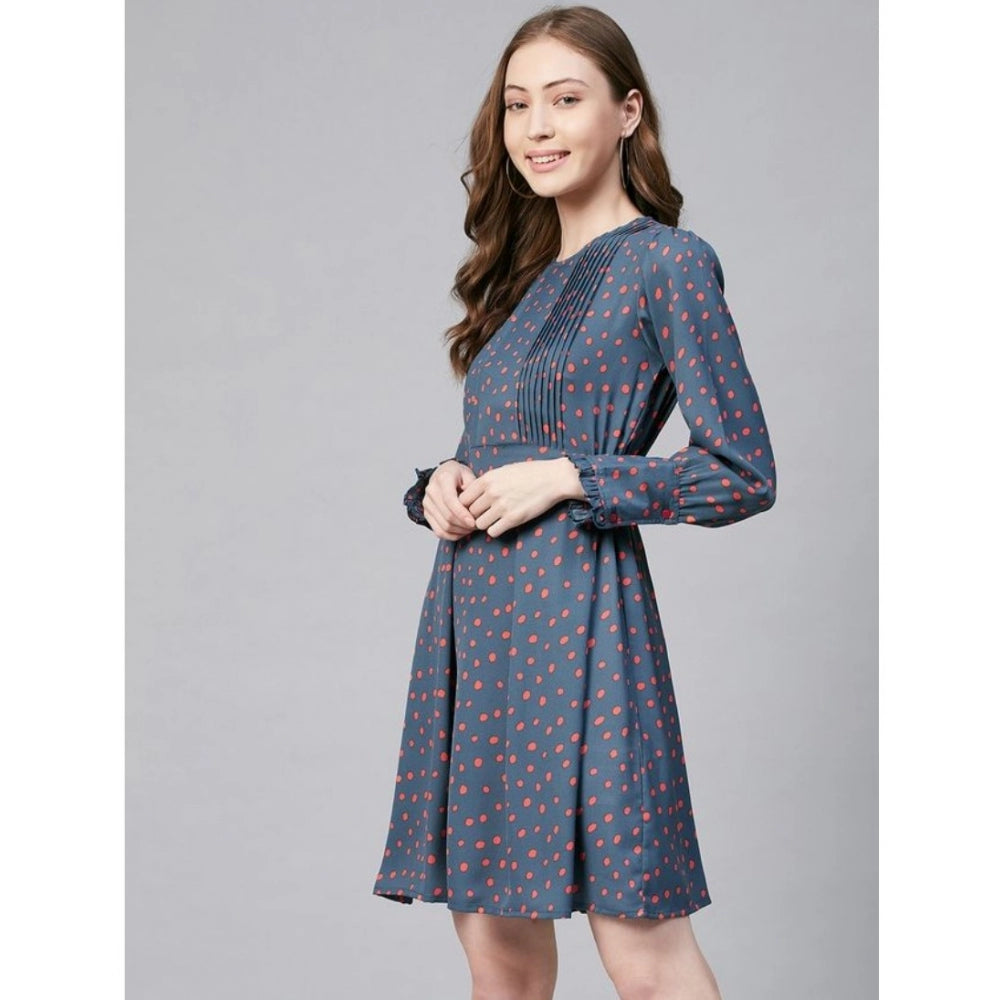 Seduva Women's Polyester Polka Long Sleeves Above Knee Dress (Grey - Coral)