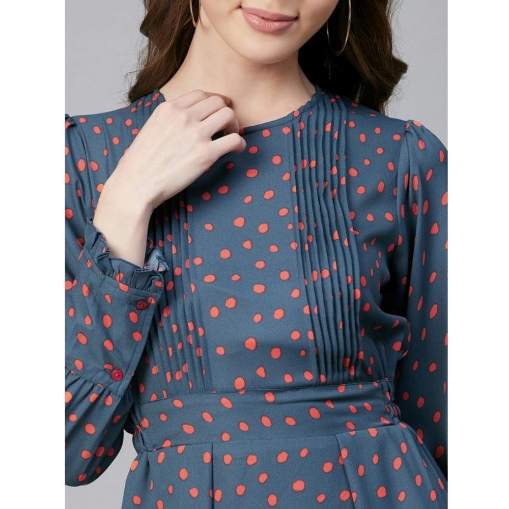Seduva Women's Polyester Polka Long Sleeves Above Knee Dress (Grey - Coral)