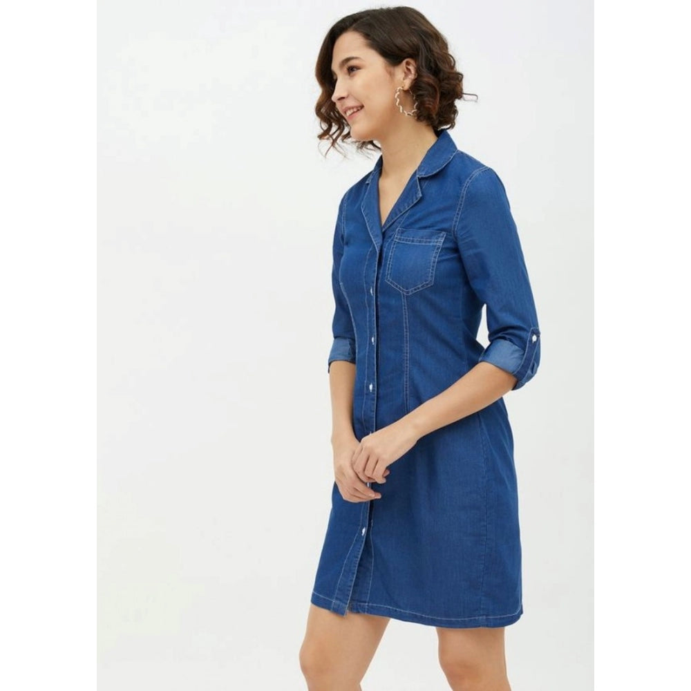 Seduva Women's Denim Solid Long Sleeves Above Knee Dress (Blue)