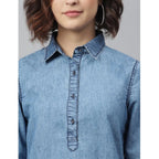 Seduva Women's Denim Solid Long Sleeves Above Knee Dress (Ice Blue)