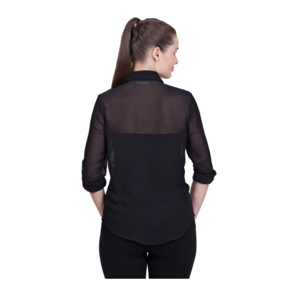 Seduva Women's Polyester Printed Roll Up Sleeve Standard Length Shirt (Black)