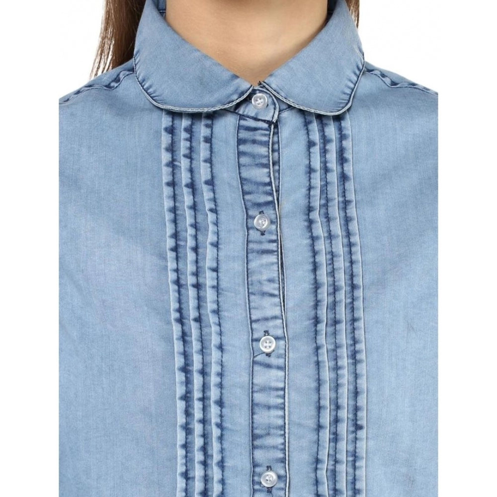 Seduva Women's Denim Solid 3-4th Sleeves Standard Length Shirt (Blue)