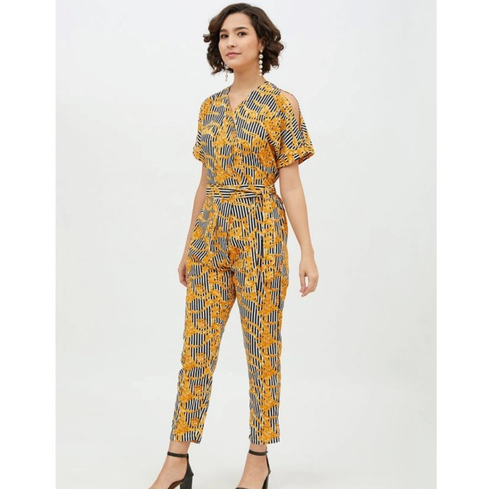 Seduva Women's Polyester Printed Half Sleeve Long Jumpsuit (Yellow)