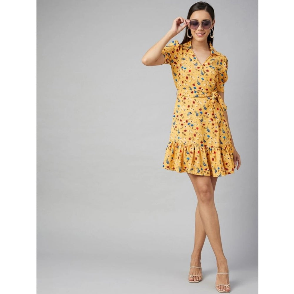 Seduva Women's Polyester Floral Short Sleeve Above Knee Dress (Yellow)