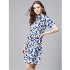 Seduva Women's Polyester Floral Short Sleeve Above Knee Dress (Blue - White)