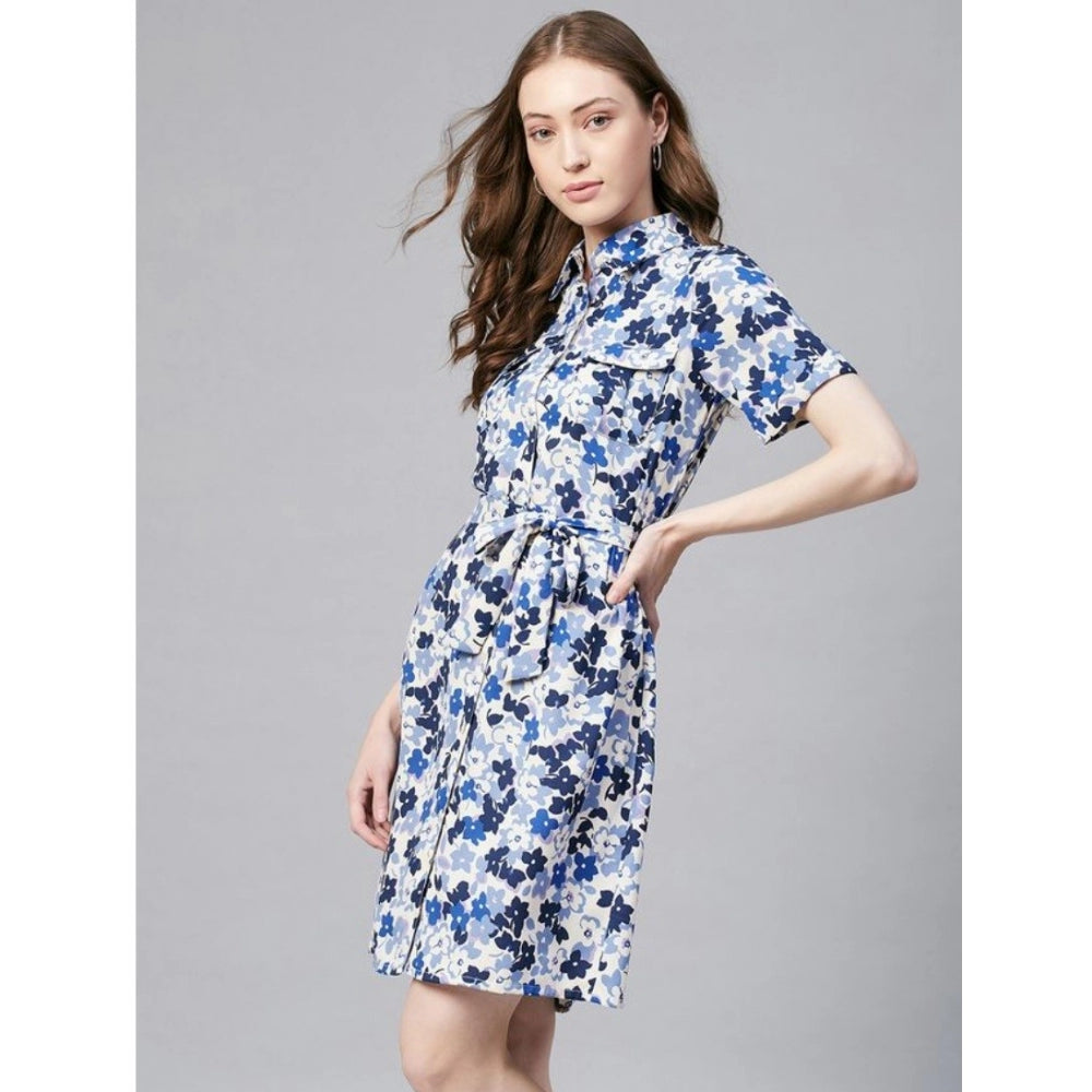 Seduva Women's Polyester Floral Short Sleeve Above Knee Dress (Blue - White)