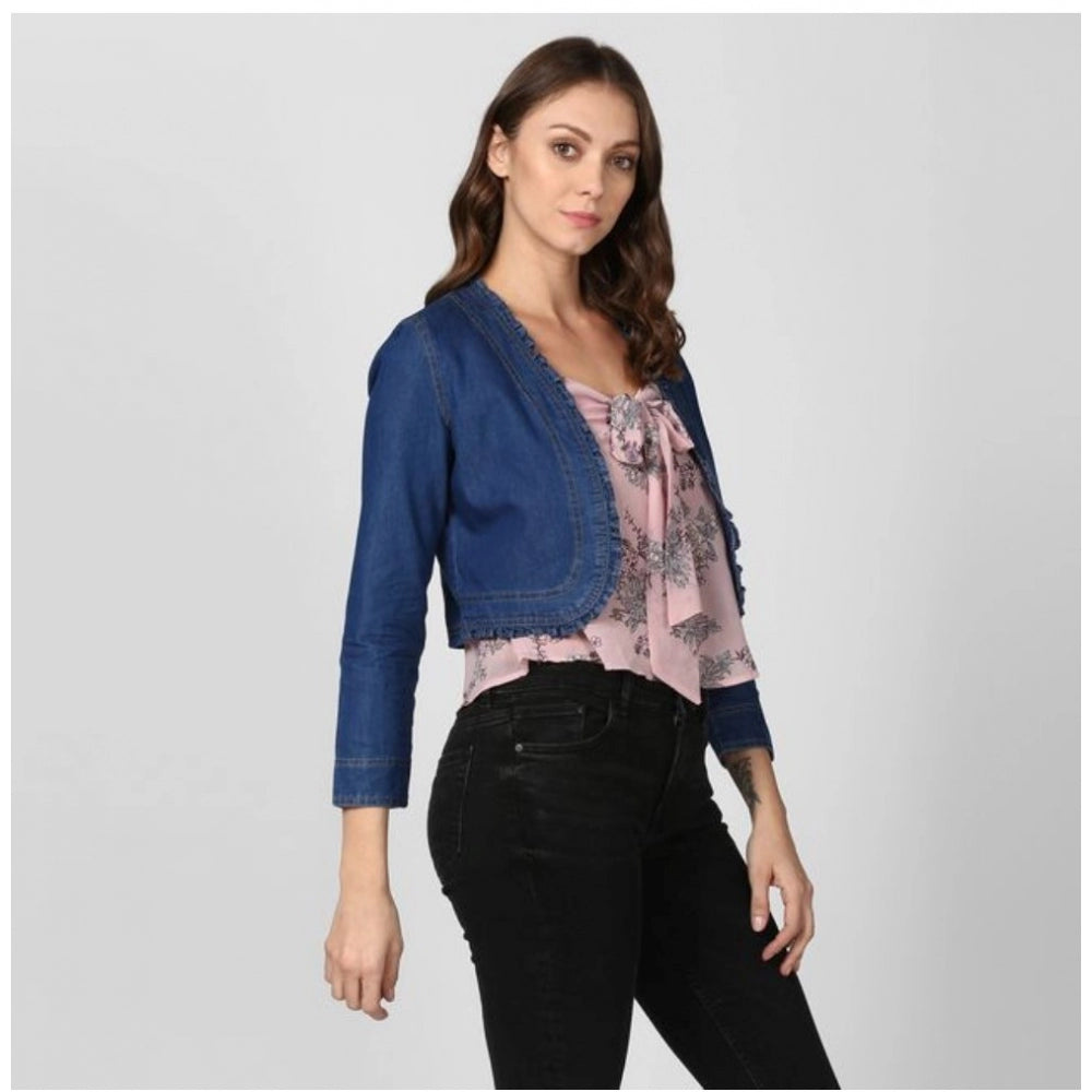 Seduva Women's Denim Ruffled Long Sleeves Shrug (Navy Blue)