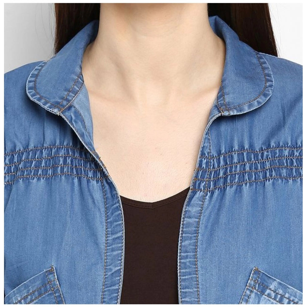 Seduva Women's Denim Smocking 3-4th Sleeves Shrug (Blue)