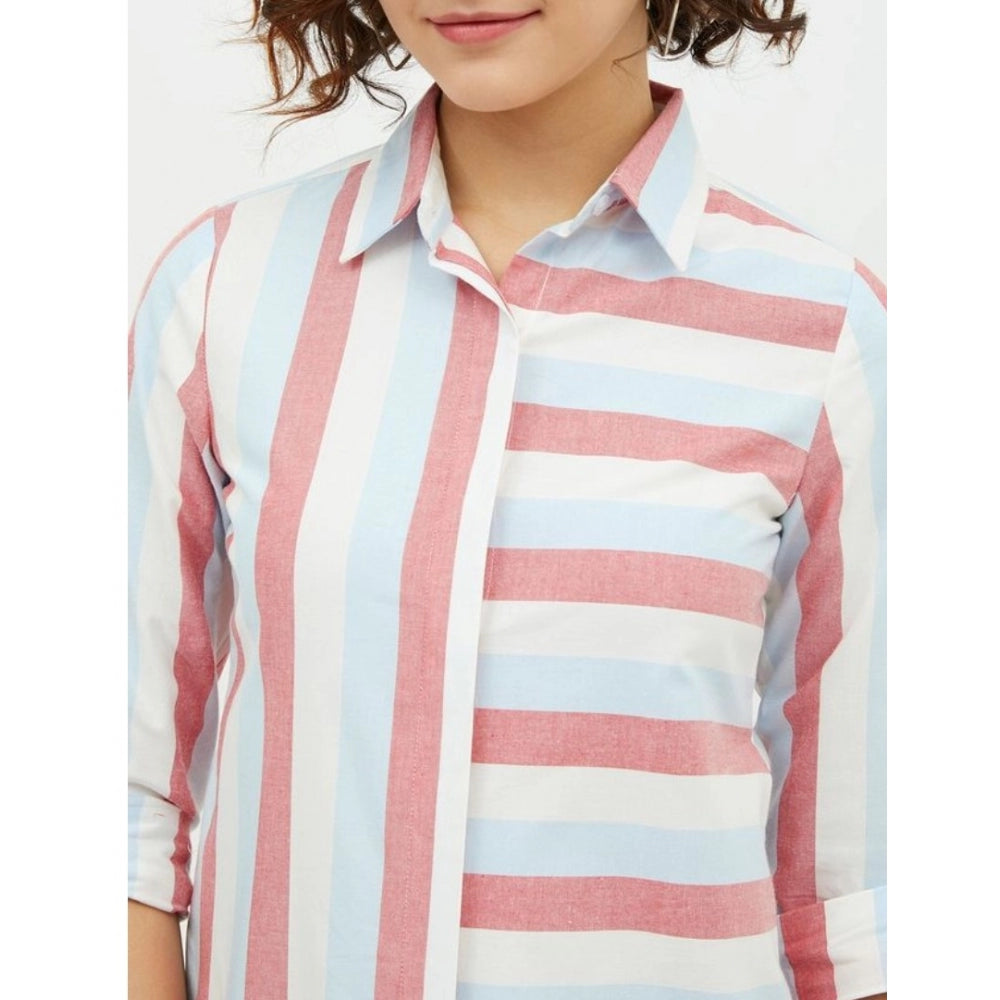 Seduva Women's Cotton Striped Long Sleeves Standard Length Shirt (Pink)