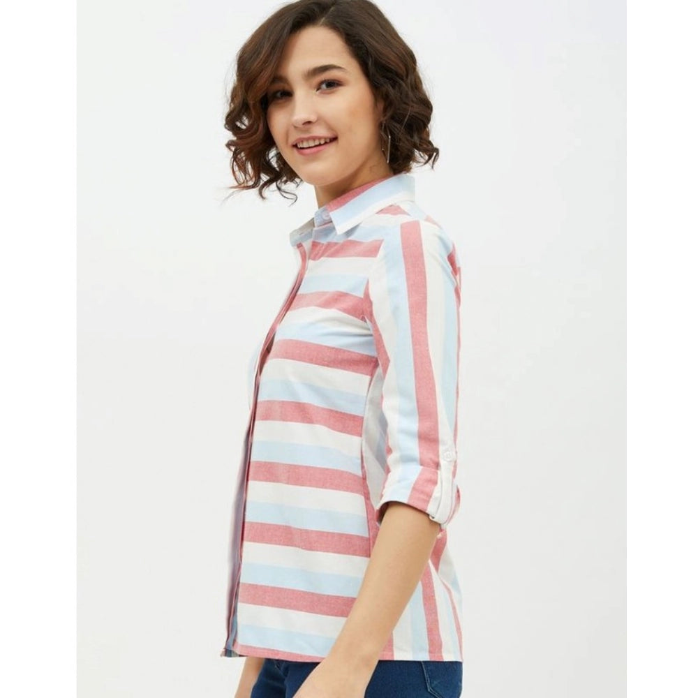 Seduva Women's Cotton Striped Long Sleeves Standard Length Shirt (Pink)