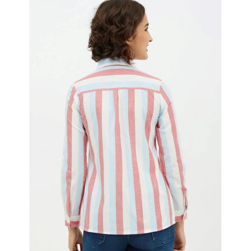 Seduva Women's Cotton Striped Long Sleeves Standard Length Shirt (Pink)