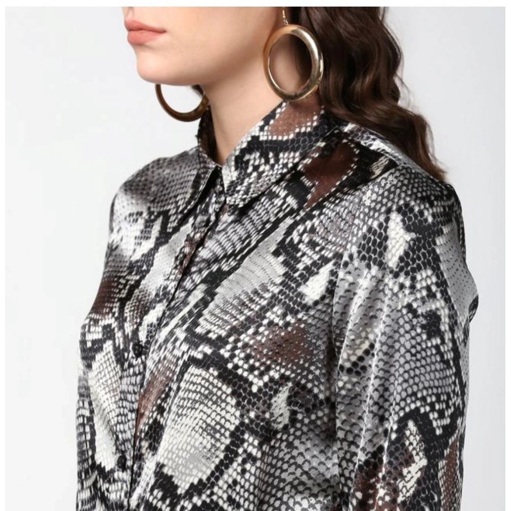Seduva Women's Satin Animal Print Long Sleeves Standard Length Shirt (Black - Grey)