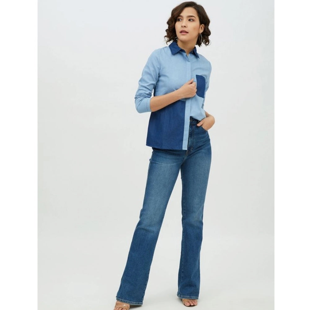 Seduva Women's Denim Patch Work Long Sleeves Standard Length Shirt (Blue)