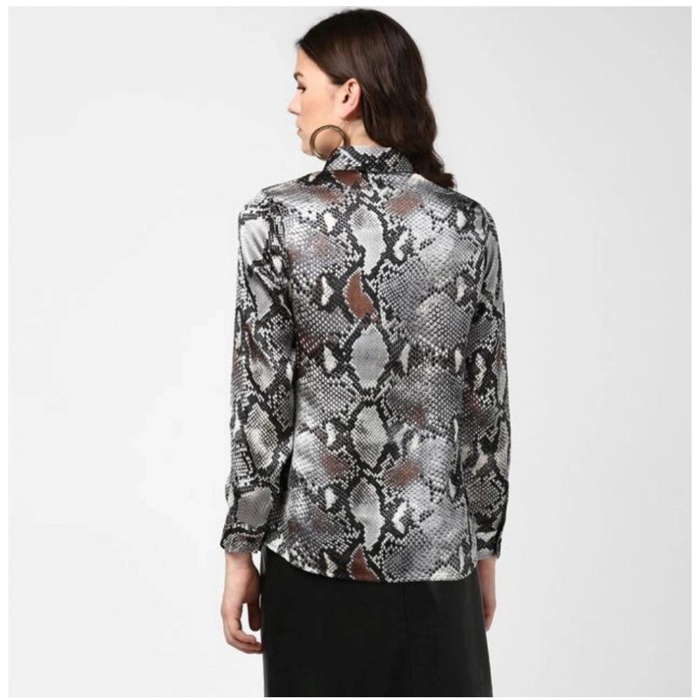 Seduva Women's Satin Animal Print Long Sleeves Standard Length Shirt (Black - Grey)