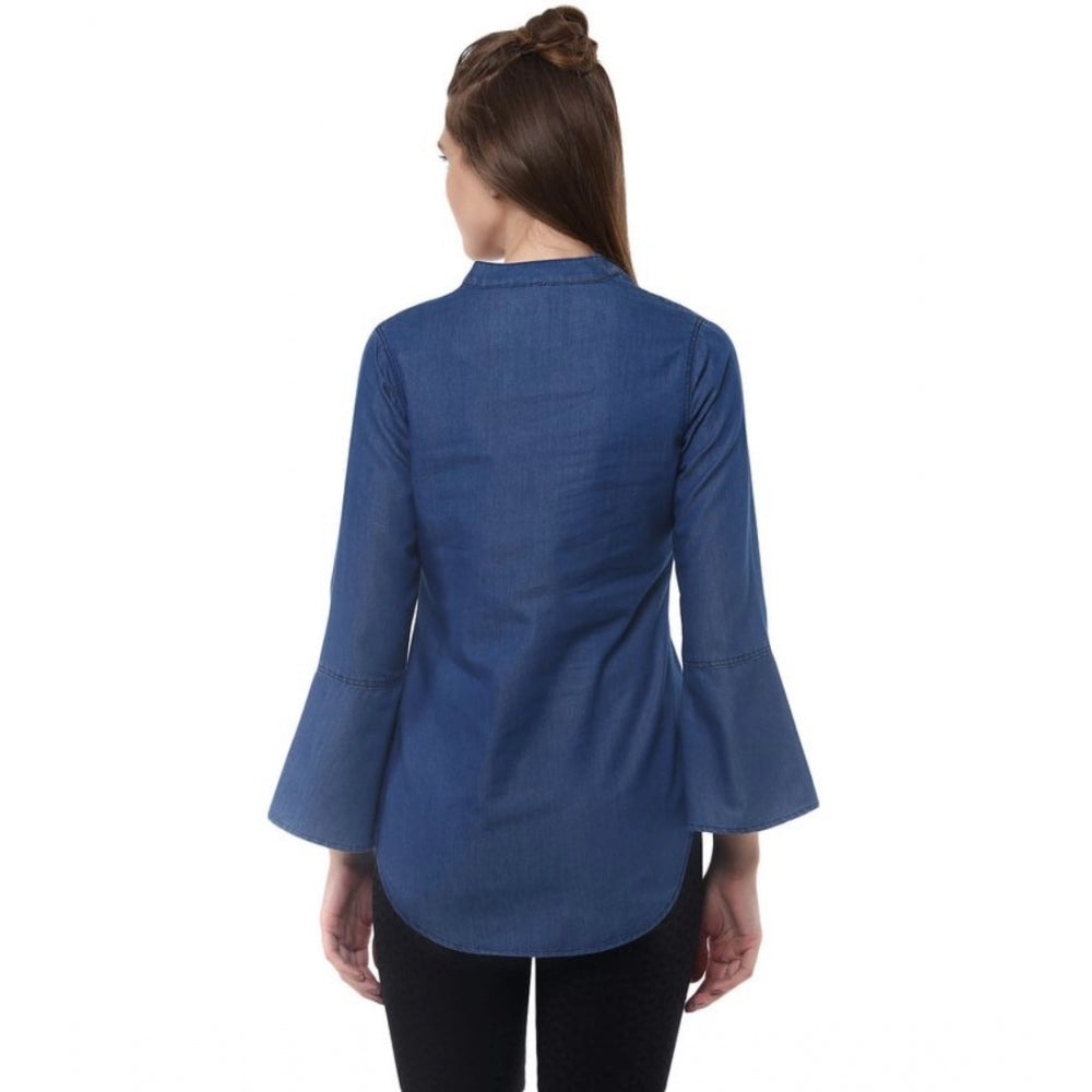 Seduva Women's Denim Solid Bell Sleeve Regular Top (Blue Denim)