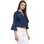 Seduva Women's Polyester Solid Bell Sleeve Regular Top (Blue)
