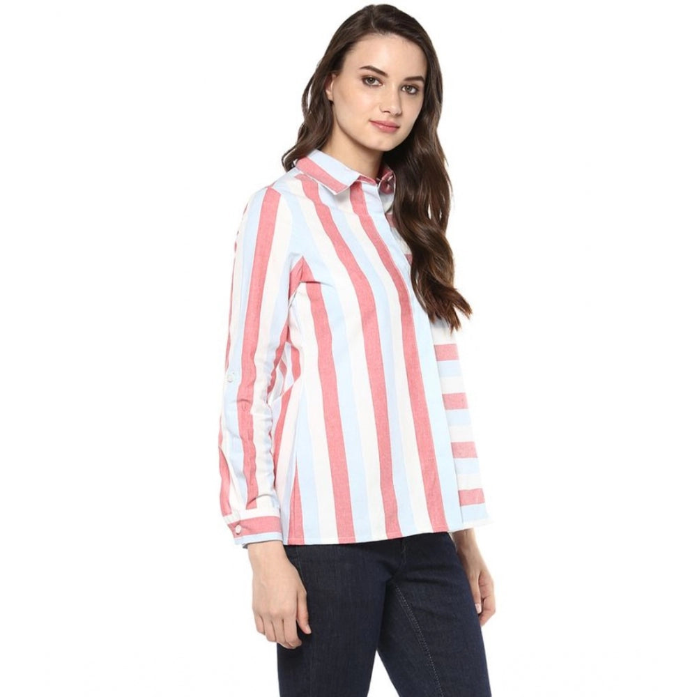 Seduva Women's Cotton Striped Roll Up Sleeve Regular Top (Red)