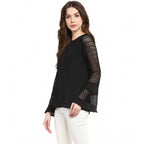 Seduva Women's Polyester Georgette Self Design Bell Sleeve Regular Top (Black)