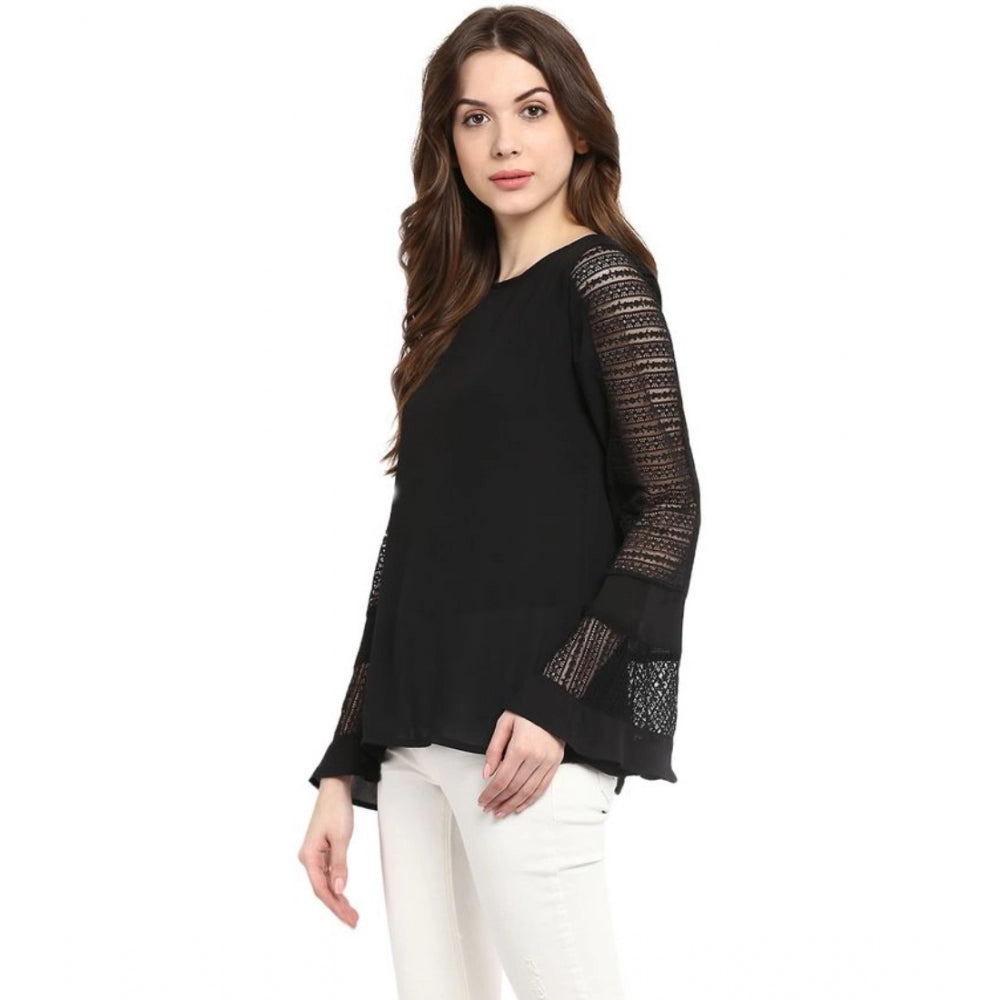 Seduva Women's Polyester Georgette Self Design Bell Sleeve Regular Top (Black)
