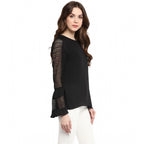 Seduva Women's Polyester Georgette Self Design Bell Sleeve Regular Top (Black)