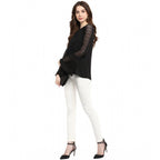 Seduva Women's Polyester Georgette Self Design Bell Sleeve Regular Top (Black)