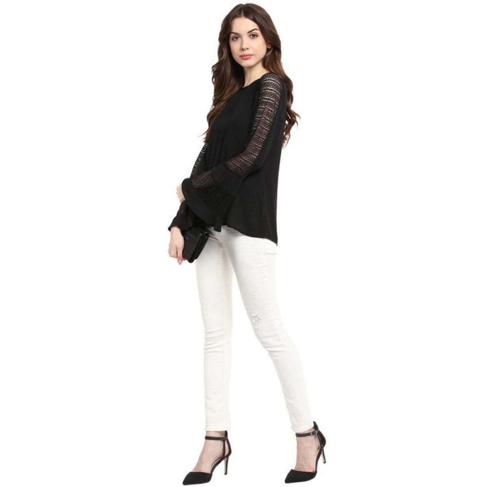 Seduva Women's Polyester Georgette Self Design Bell Sleeve Regular Top (Black)