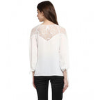 Seduva Women's Polyester Georgette Self Design 3-4th Sleeves Regular Top (White)
