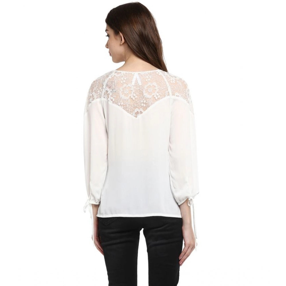 Seduva Women's Polyester Georgette Self Design 3-4th Sleeves Regular Top (White)