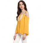Seduva Women's Rayon Embellished Cold Shoulder Regular Top (Mustard Yellow)